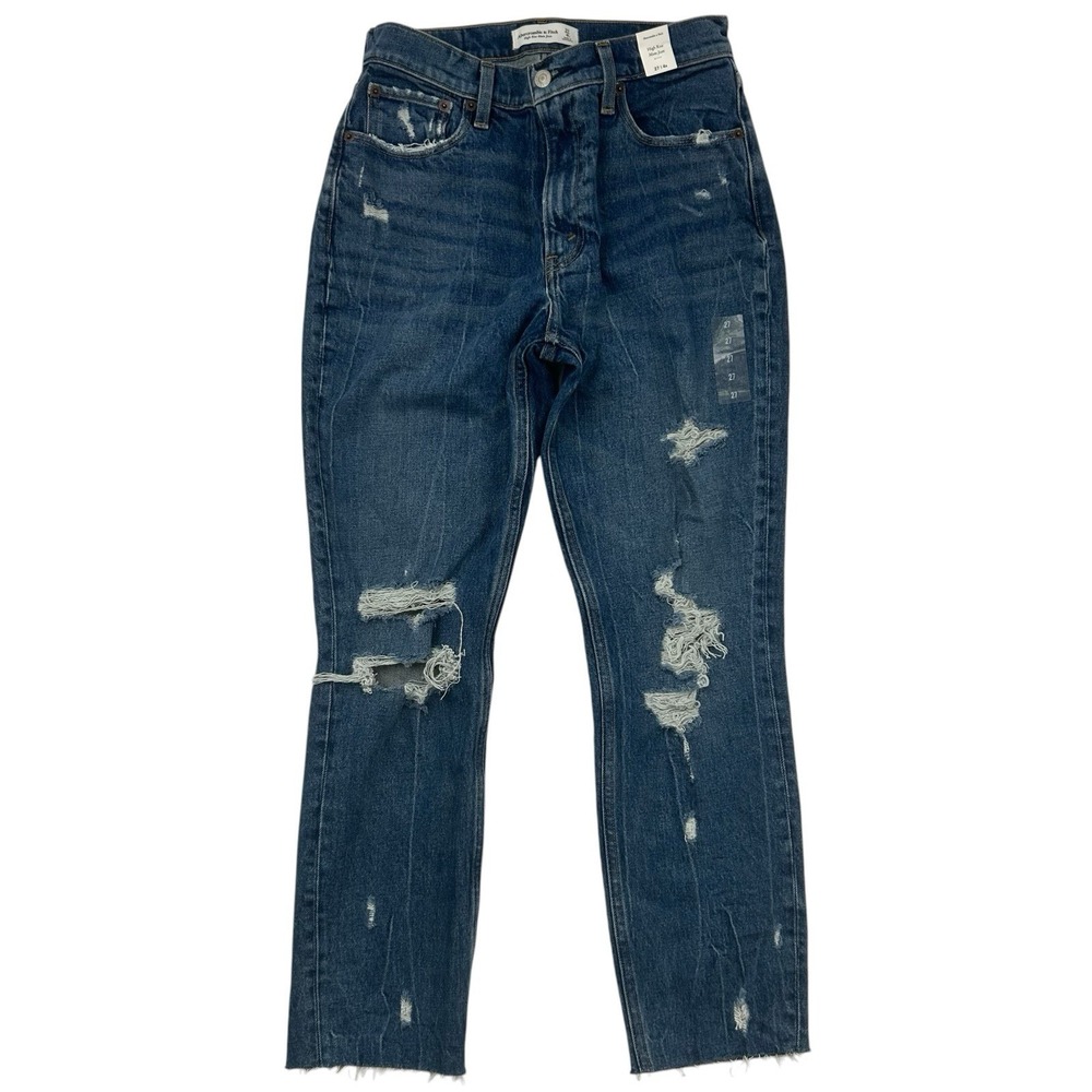 NWT Abercrombie & Fitch High Rise Mom Denim Blue Jeans Sz 27 / 4 Distressed - Picture 1 of 14
